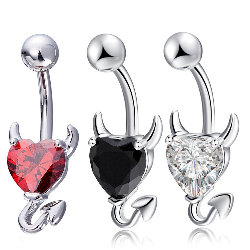 YHMM Devil Heart Belly Button Rings 14G Surgical Steel Navel Barbells Stud For Body Piercing (3 Pcs Red+Black+Clear) - Image 1